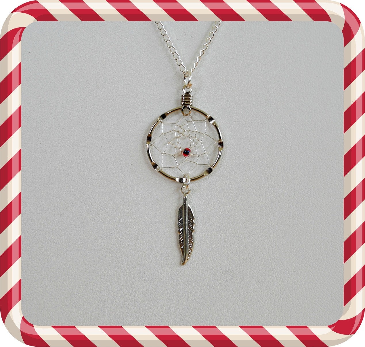Handmade Silver Dream Catcher Necklace with red bead and