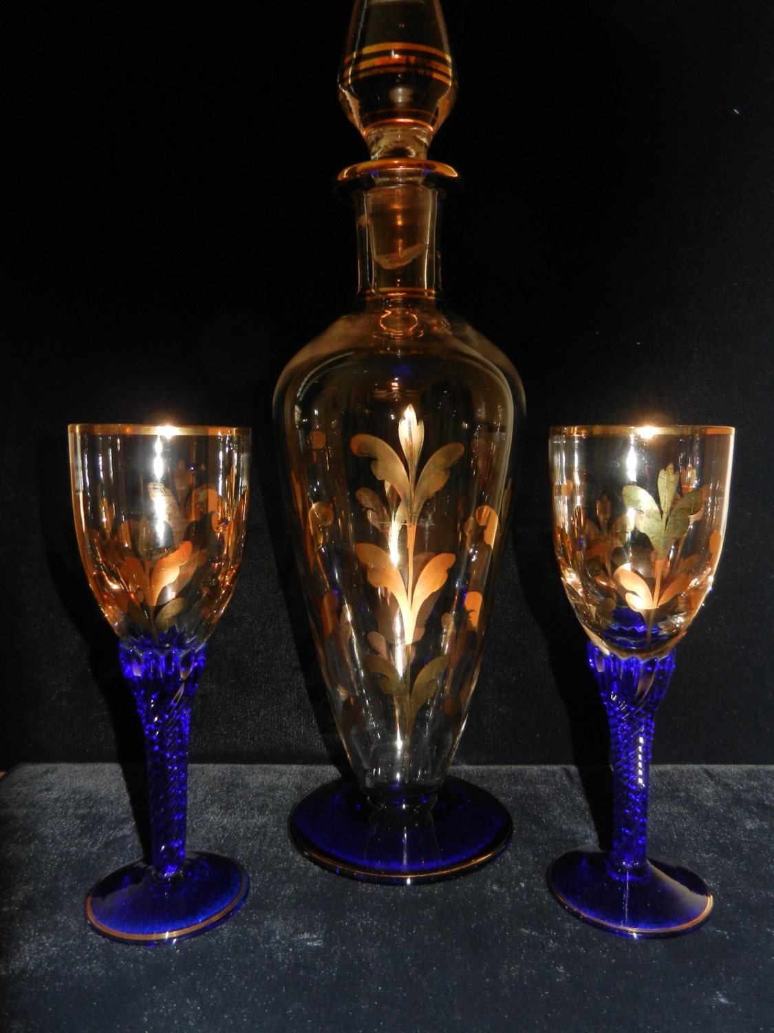 Liqueur Glasses with Decanter Blue Glass Stem Haute Juice