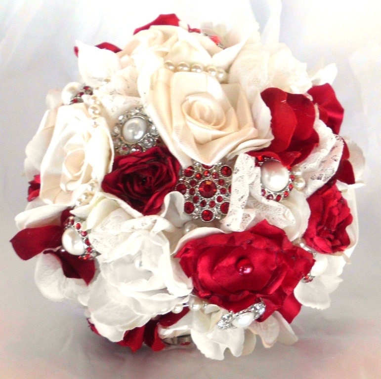 Brooch Bridal Bouquet, Wedding, Custom, Vintage, Red, Ivory, White, Bridesmaids, Weddings, Rustic, Shabby Chic, Jewelry, Pearls, broche