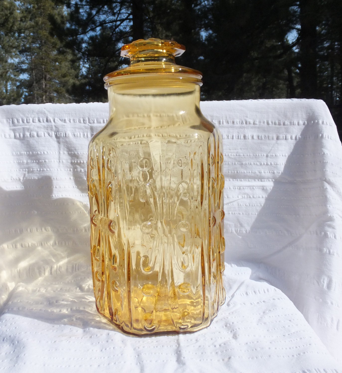 Vintage Amber Glass Jar with Lid and Pretty Scrolling