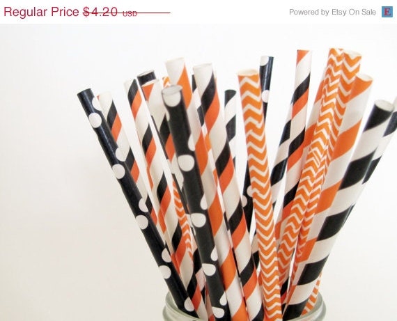 ON SALE - 25 Black and Orange Halloween Paper Straw Mix - Stripe, Chevron & Dot - ships less than 24 hours Il_570xn