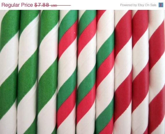 10% off - 50 Christmas Red and Green Paper Straw Mix - - ships less than 24 hours Il_570xn