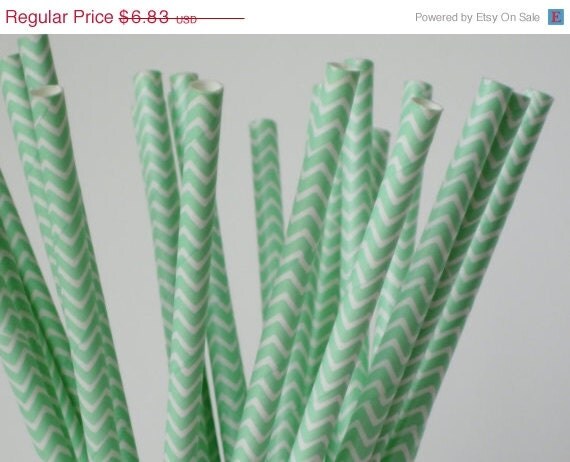 ON SALE 50 Mint Green CHEVRON Paper Straw - ships less than 24 hours Il_570xn