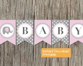 Pink and Grey Elephant Baby Shower Banner INSTANT DOWNLOAD Baby Girl pdf DIY Digital Printable Baby Shower Party Supplies Decorations 035
