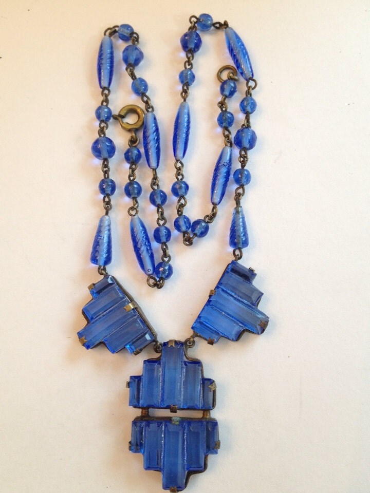 Vintage Art Deco Czech Necklace Blue Step Glass And Brass
