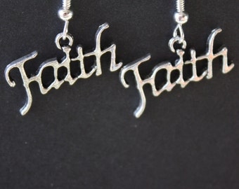 Delicate handwritten in silvertone sign of you FAITH earrings