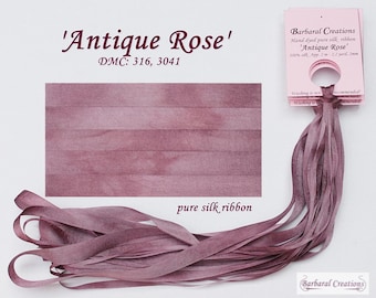 Hand dyed 7 mm wide pure silk ribbon, soie de ruban - 'Antique Rose'