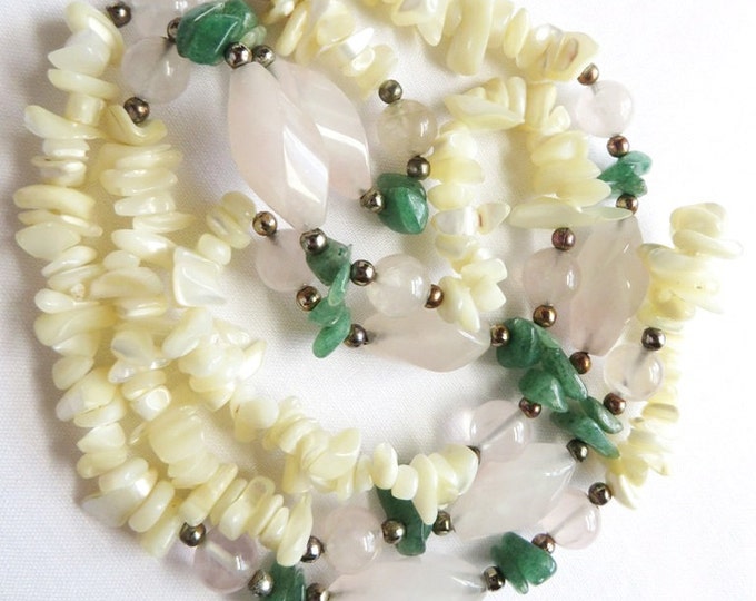 Jade, MOP, Quartz Necklace, Vintage Long Shell and Stone Necklace, FREE SHIPPING