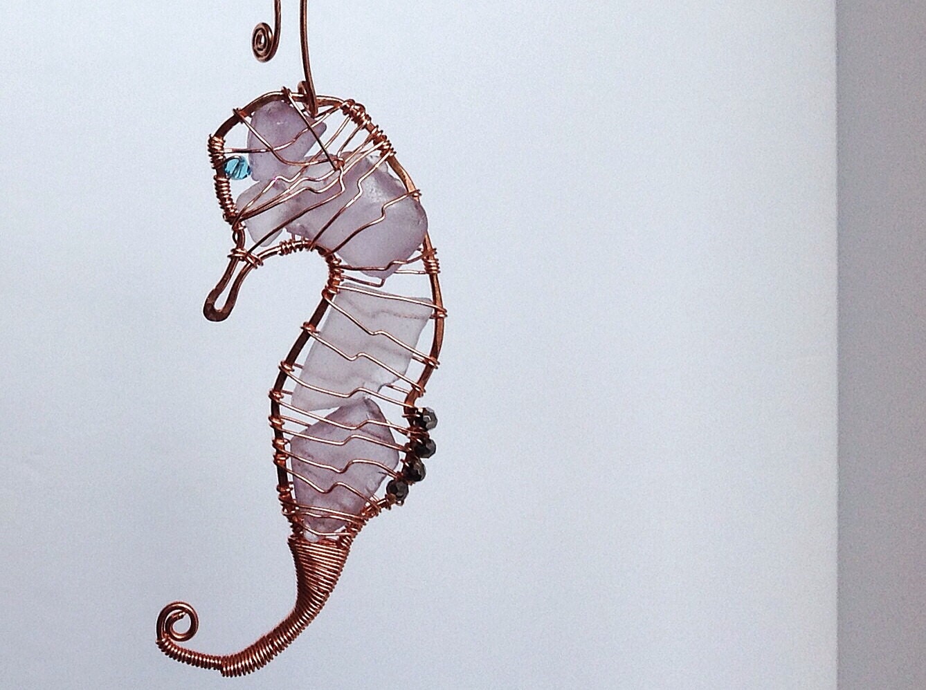 Seahorse Christmas Ornament, Sea Glass Tree Decoration, Forged Copper Seahorse Suncatcher