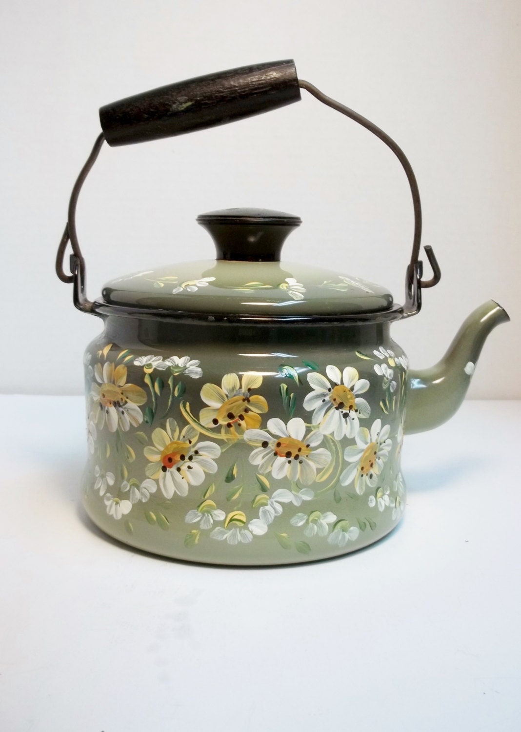 Green Enamelware Tea Kettle Tea Pot Stove Top Hand Painted