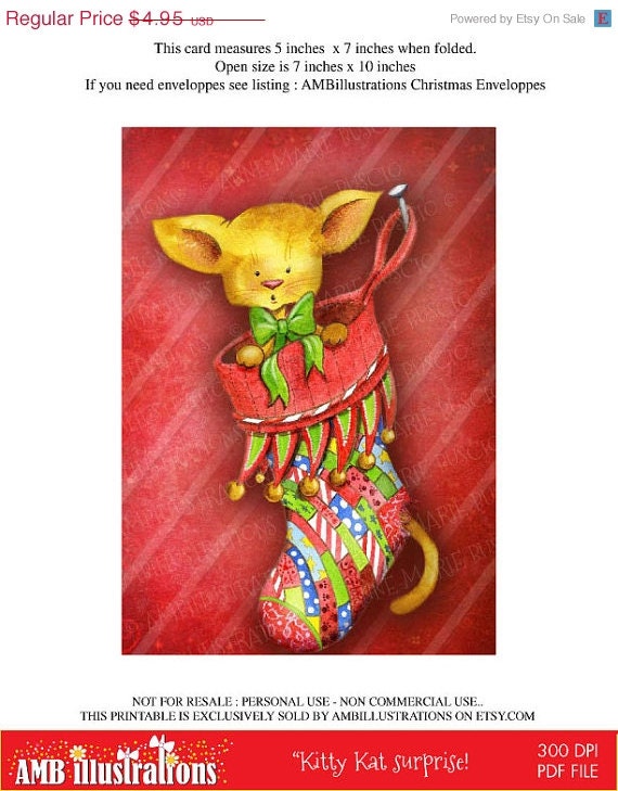 80% OFF Printable Christmas cards DIY instant download - Cat surprise in stocking AMB-615 Il_570xn