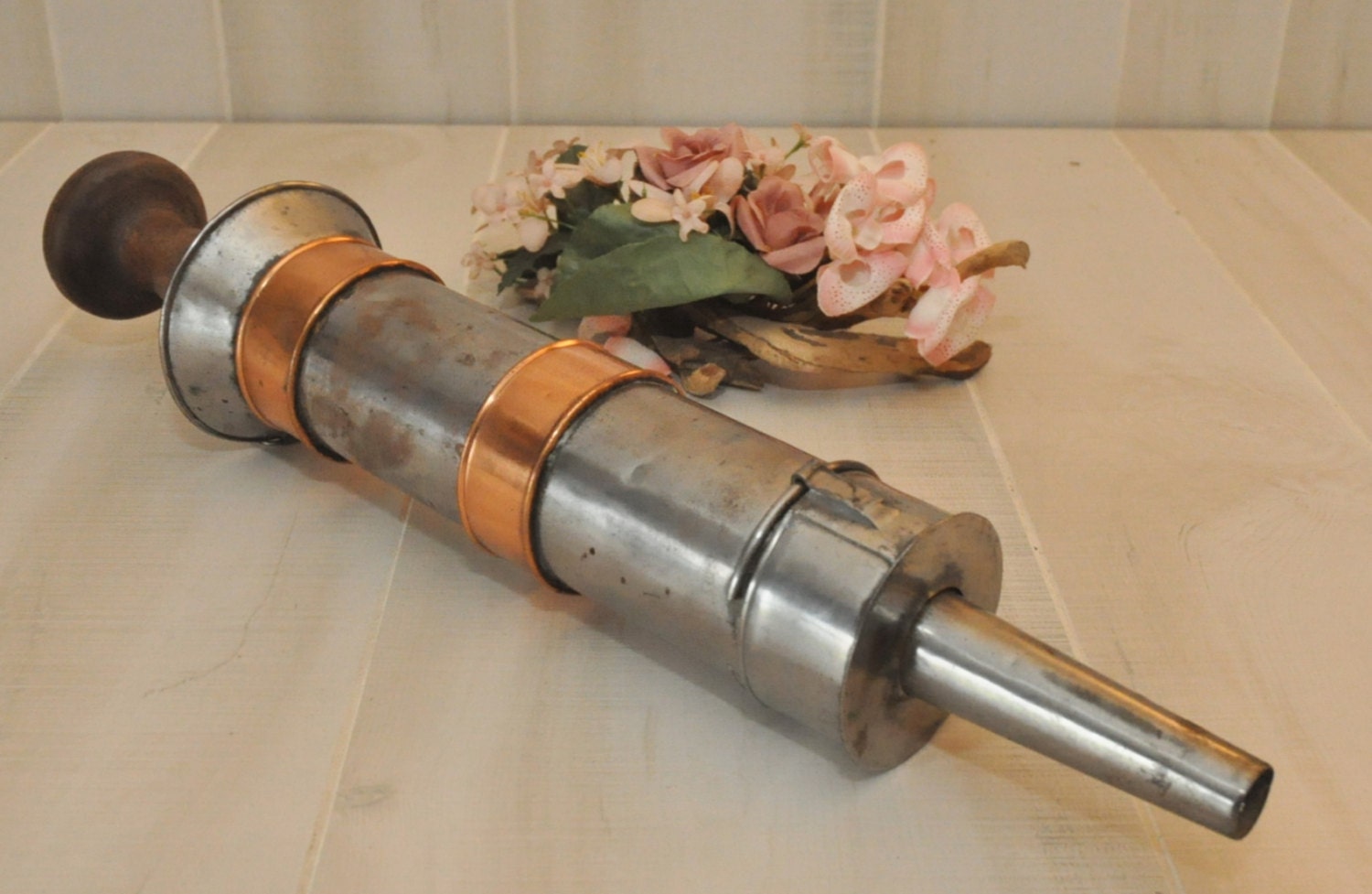 Striking Tin and Copper Antique Sausage Stuffer Circa 1850s