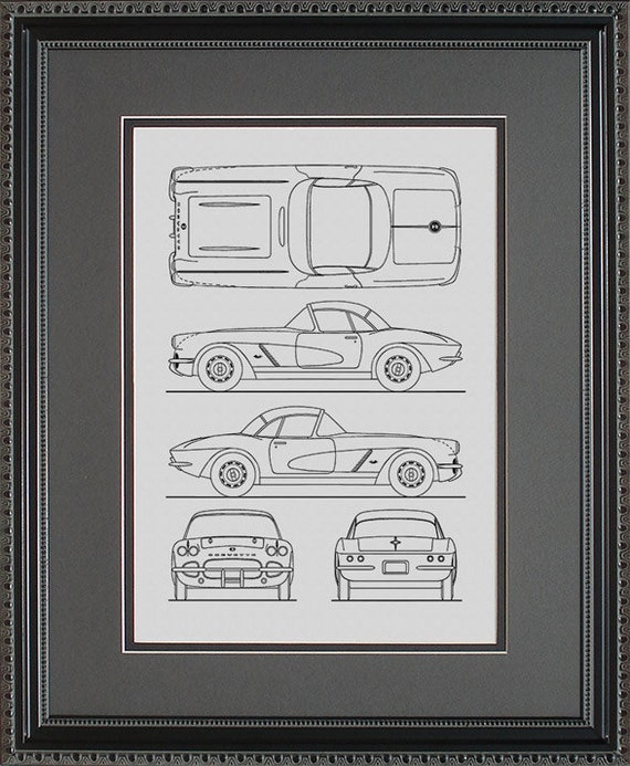 Corvette Blueprint Framed Art Car Auto Gift by ConceptProducts