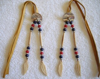 Native American Hairpipe Bone Beaded Hair Ties Blue & Red Glass Beads ...