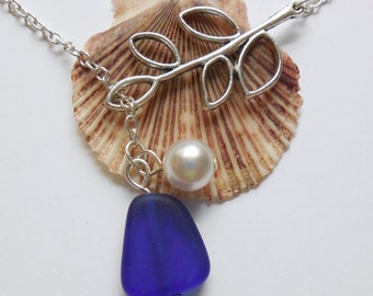 Royal Blue Sea Glass Necklace, Charm necklace, Pearl, Silver Branch, bridesmaid necklace, beach wedding. FREE SHIPPING within the U.S.