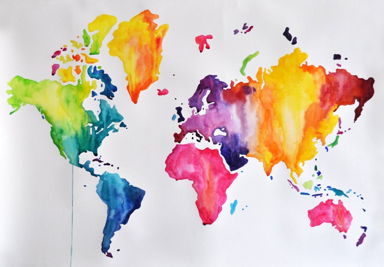 Map Of The World Painting ORIGINAL Abstract Rainbow Colored World Map Watercolor Painting, Large Colorful Painting 28x39 Inch