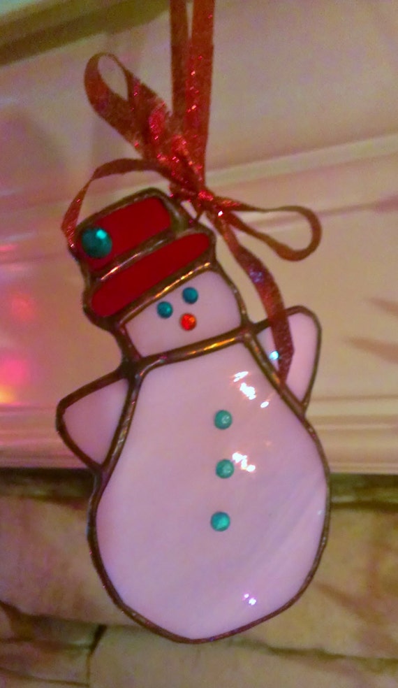 Stained Glass Snowman Christmas Ornament Red and by JBsGlassHouse