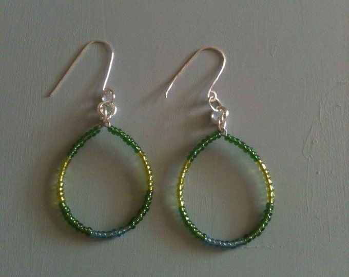 green & blue beaded teardrop shaped earrings