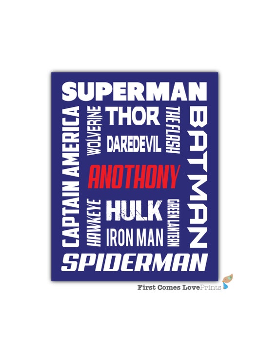 Superhero Bedroom Art - Custom Print - 8x10 or 11x14 - Little Boy Bedroom Decor With Child's Name - Hulk - Thor - Batman - Red White Blue