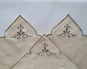 Set of 3 embroidered dessert or tea serviettes, elegant fine embroidery napkins with trimmed borders