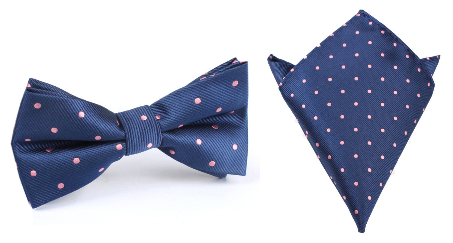 Matching Bow Tie Pocket Square Combo Navy Blue w/ Pink Polka