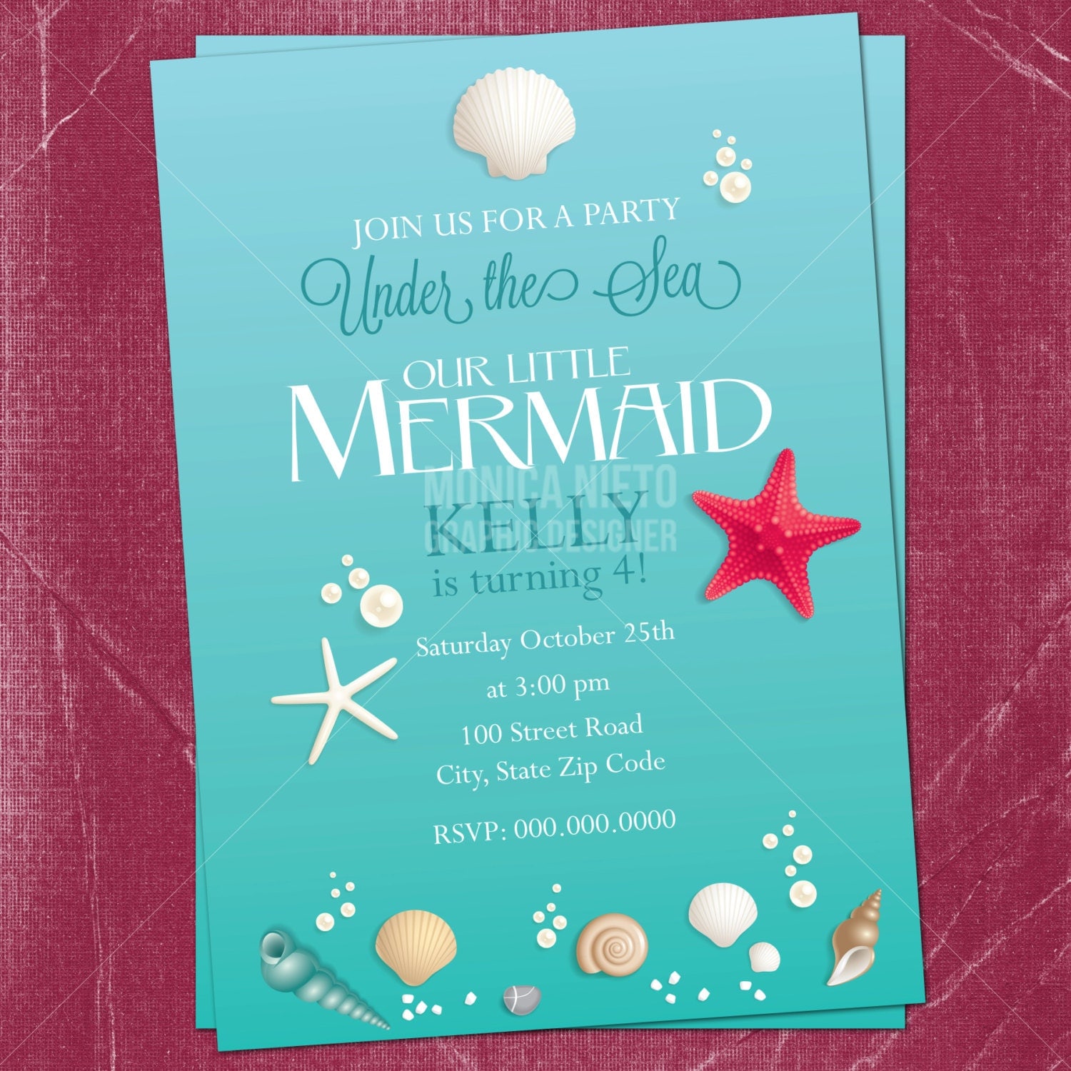 Printable Little Mermaid Birthday Invitation/ Under the Sea