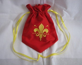 Medieval Renaissance Flur De Lis Fairy Pirate Elven Embroidered Drawstring Pouch Purse Dice Bag