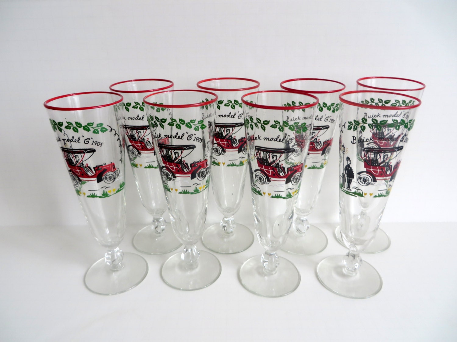 Vintage Libbey Buick Model C 1905 Pilsner Beer Glasses. Set of 8