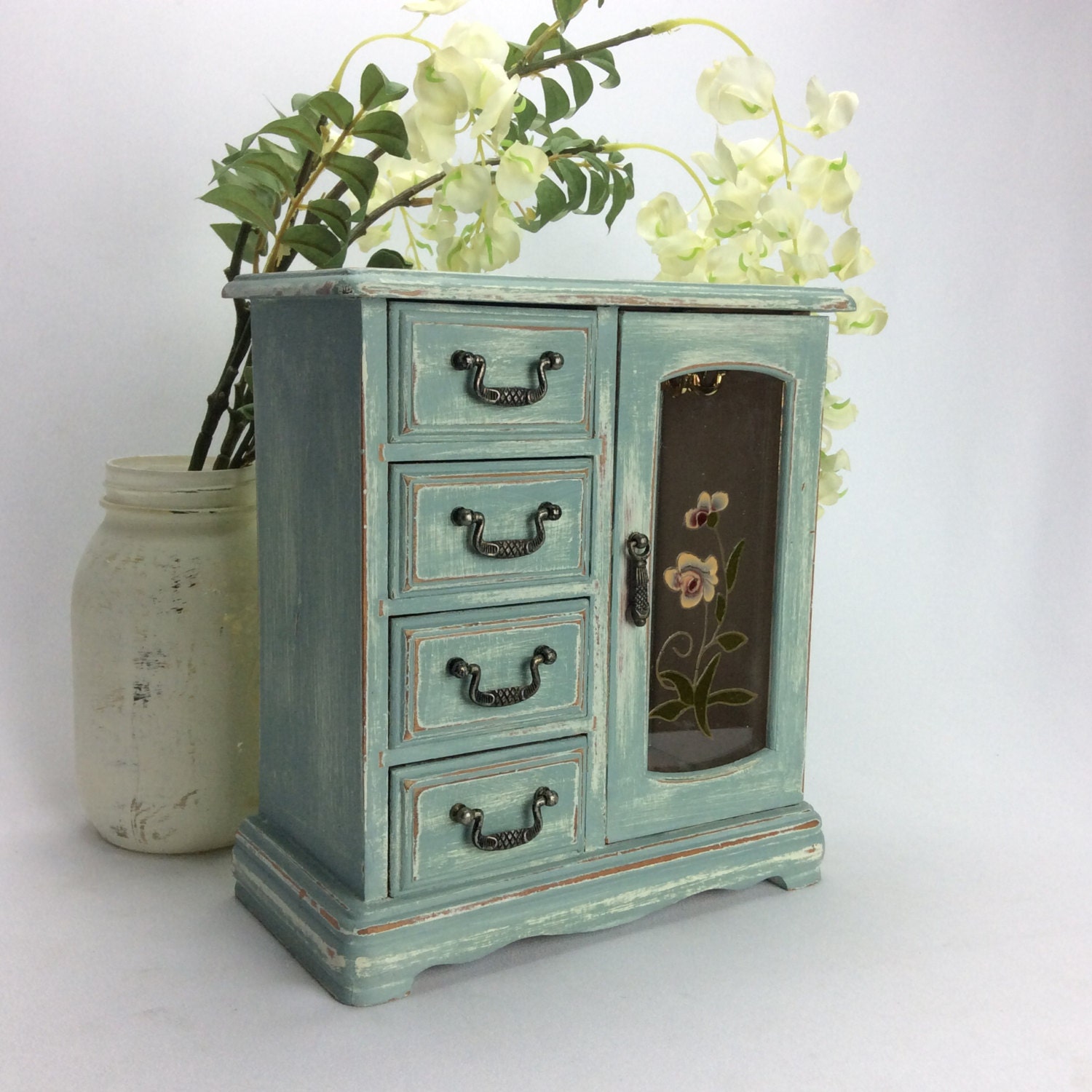PRETTY JEWELRY BOX Blue Jewelry Organizer Rustic Jewelry Chest