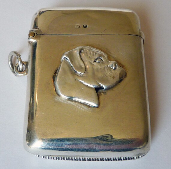 Antique Sterling Silver Vesta Case/Match Safe With Boxer Dog
