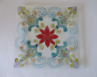 fused glass plate, square fused plate, square handmade plate, painted plate,hand painted glass plate,red painted fused plate,colorful plate