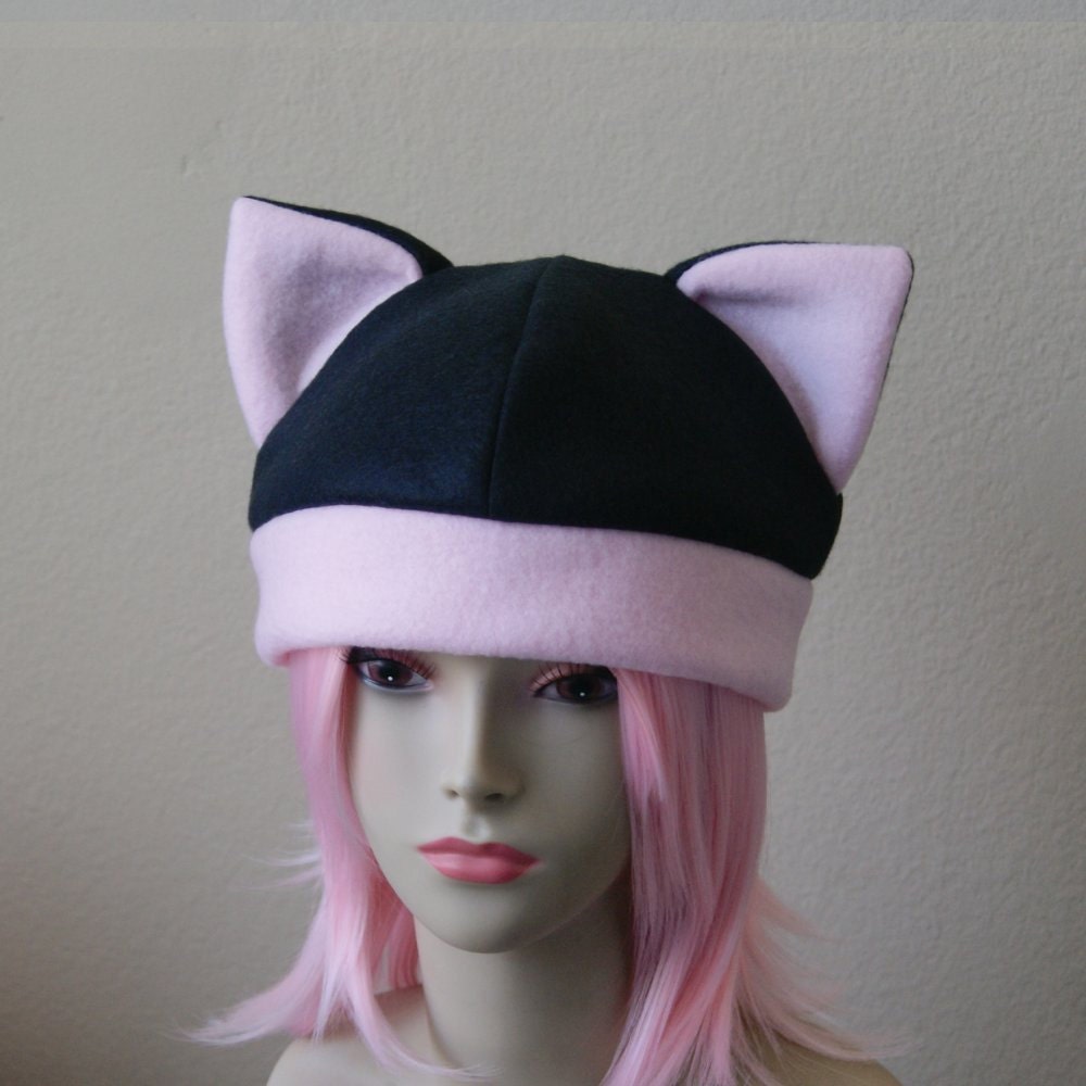 Fleece Cat  Hat  BLACK PASTEL PINK  Beanie Style Cap Cute