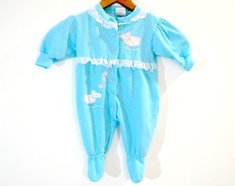 Vintage Bay Girl Light Blue Lamb Outfit // Baby Girl Sleepwear // 0 - 6 months