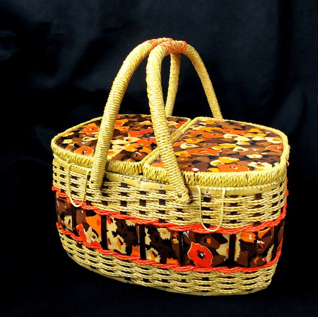 Wicker Sewing Basket Large Orange Brown by ClarasChicBoutique