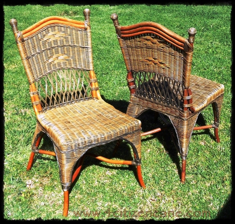 Authentic Vintage Rattan Wicker Side Chairs (Pair sold as is for 250