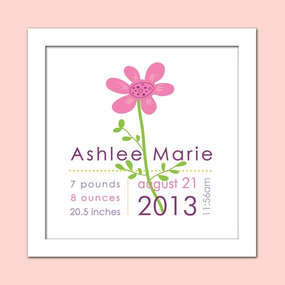 Girl's Flower Birth Announcement/Personalized Birth Print