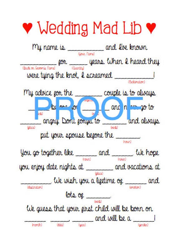 Wedding Mad Libs Game Printable Download