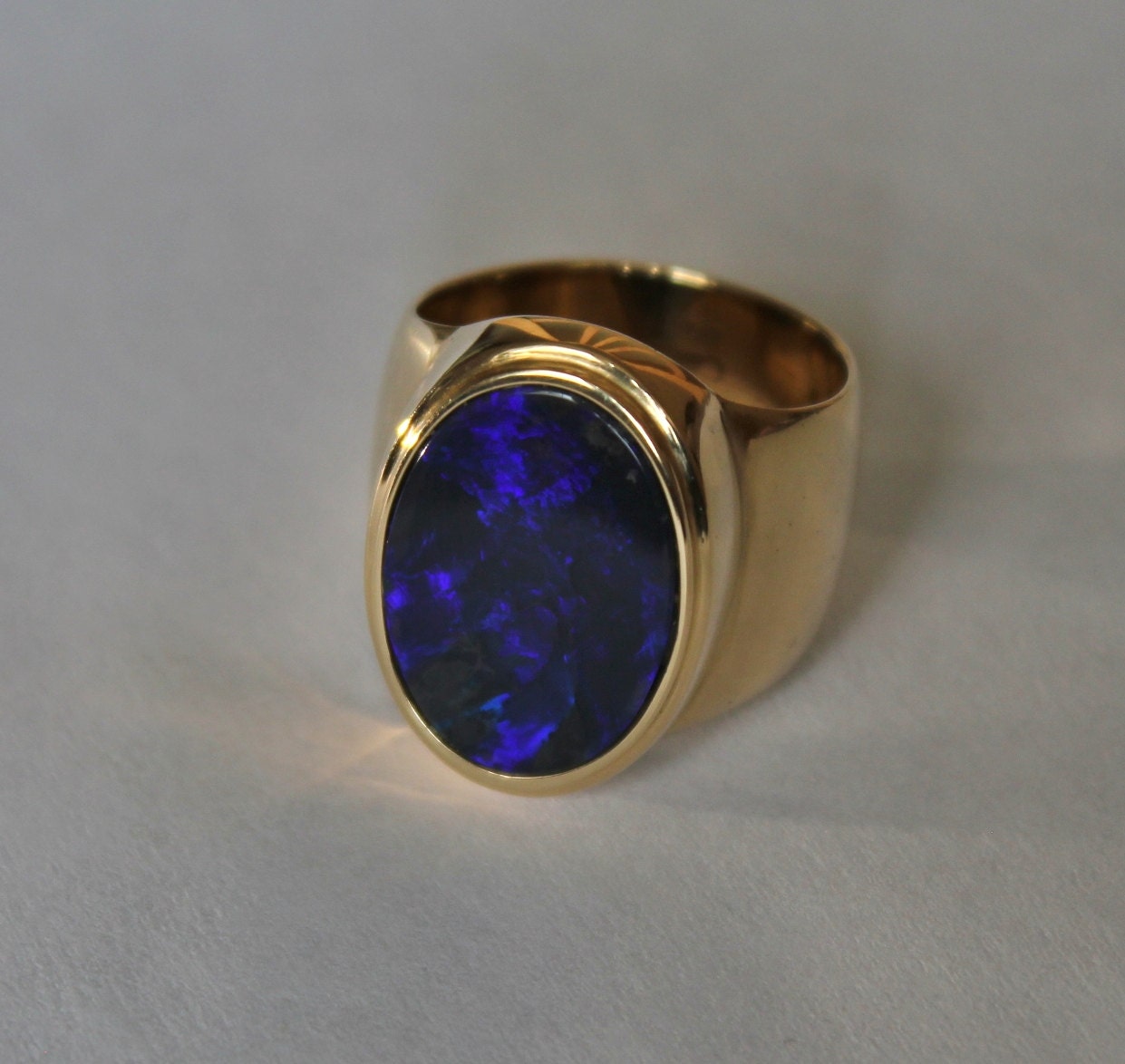Handmade Black Opal Mens Ring in 14 k solid yellow gold size