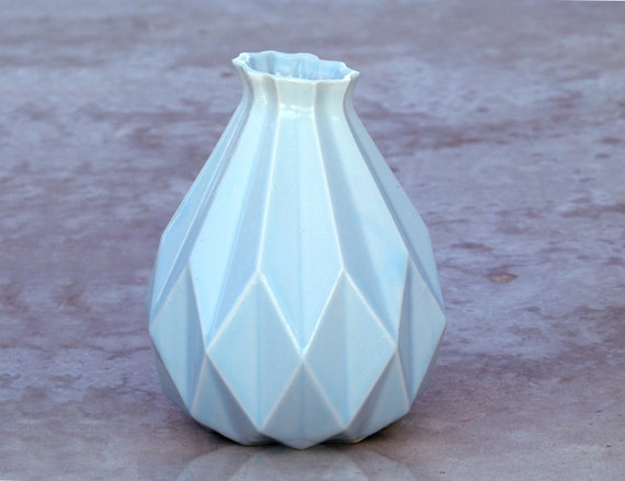 Passover gift Geometric vase Light blue ceramic Origami inspired Gift idea For her & for him Contemporary style Home decor