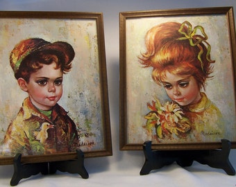 Vintage Framed Medeiros Lithograph Big Eyed Kids Prints 1960's
