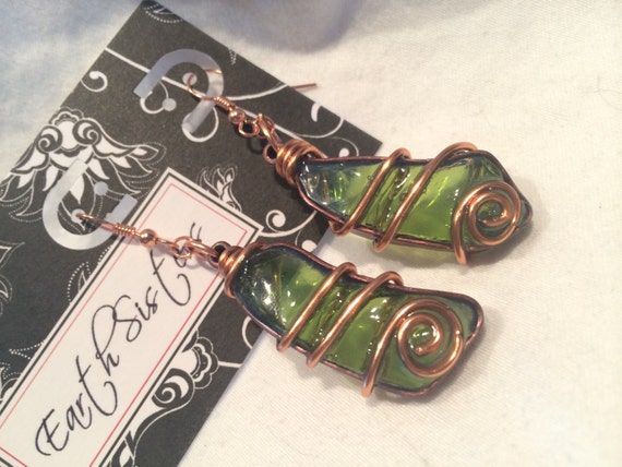 Green Glass Earrings - Made From Recycled Wine Bottle from Earth Sisters Jewelry & Art