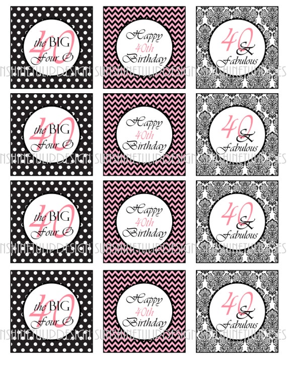 Printable 40th Birthday Cupcake Topeprs, Pink and Black Chevron Party