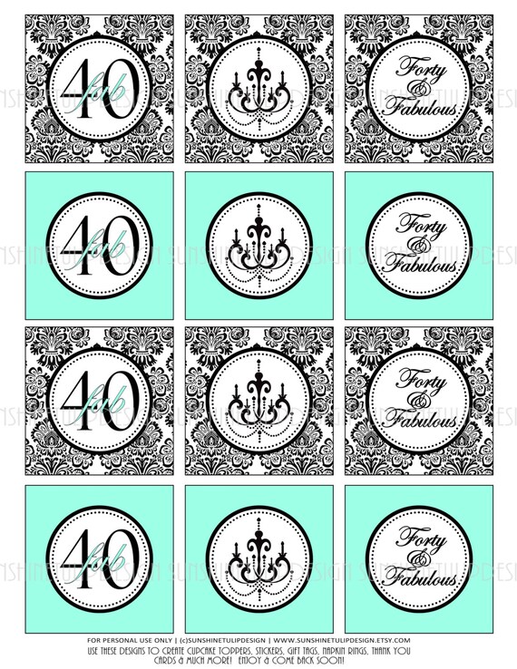 sticker template 40 40th and Printable Toppers Cupcake Birthday Aqua Black Damask