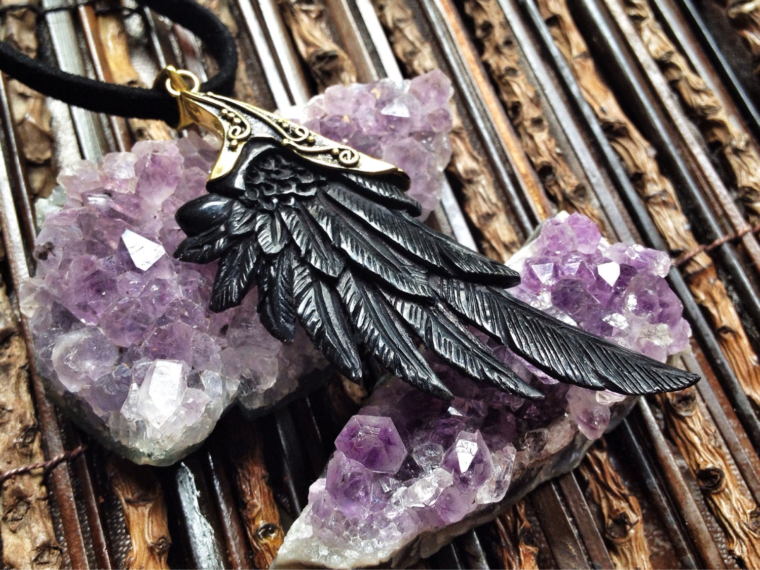 Small Black Super Angel Wing Pendant carving for necklace - carved from horn - brass finish - Feather Tribe steampunk buy now online