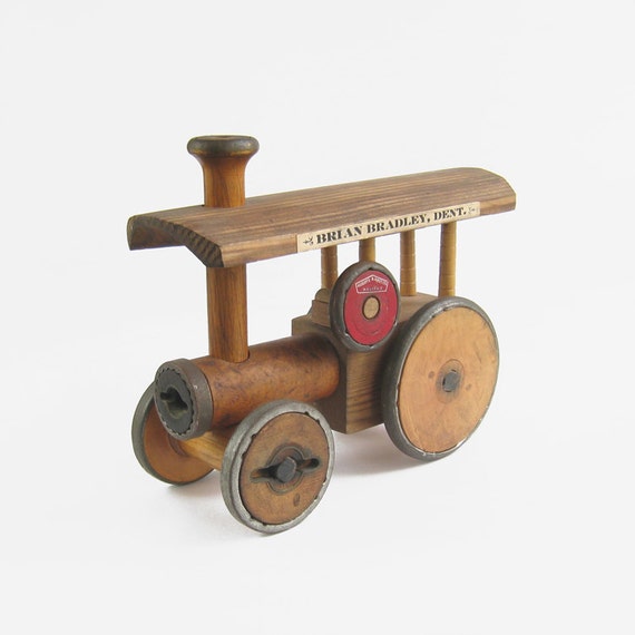 Vintage Folk Art Wooden Traction Engine - home made Victorian industrial bobbin spool upcycled steam train toy vehicle brown red mid century
