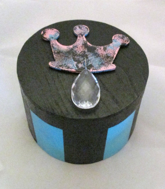 Painted Wooden Princess Jewelry Box with Crown and Charm, Keepsake Box