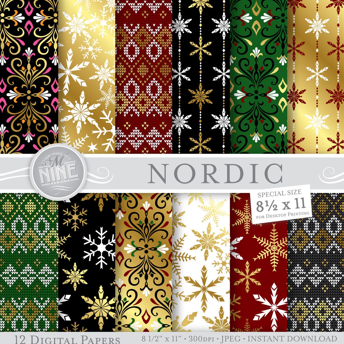 NORDIC GOLD Digital Paper 8 1/2 x11 Pattern
