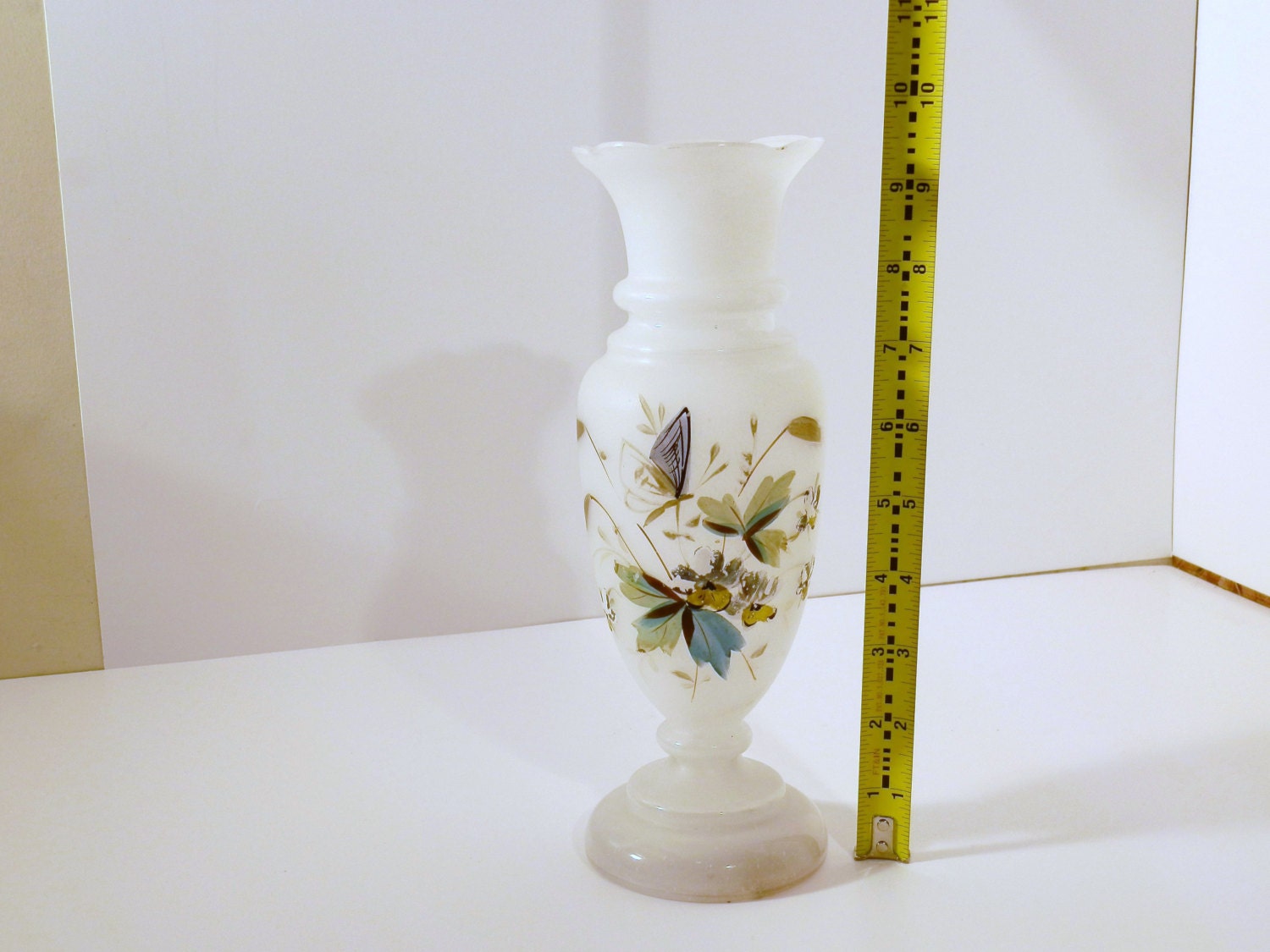 Hand Painted frosted white blown glass vase