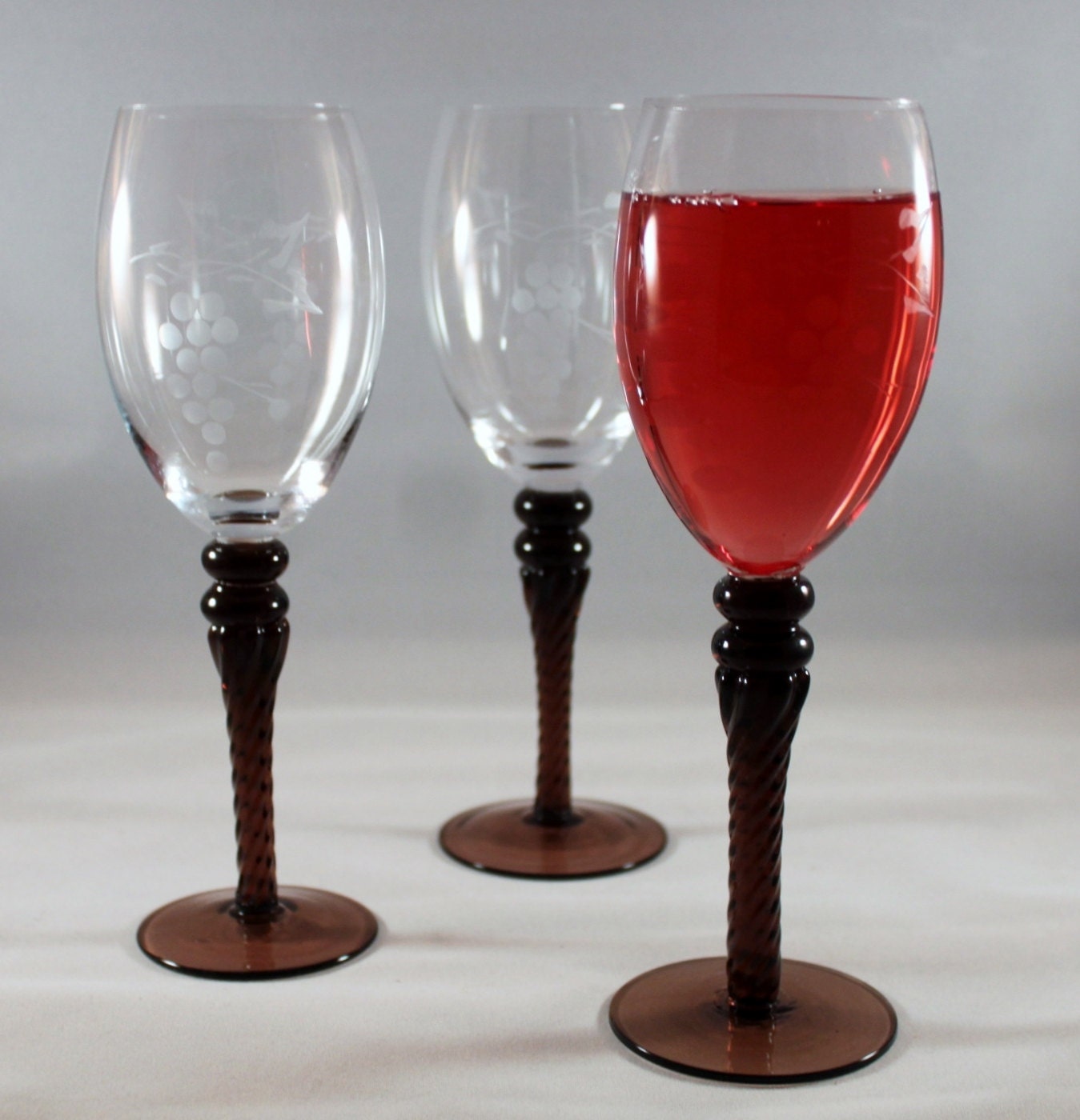 Set of (3) Vintage 8 oz. Grape Etched Wine Goblets Glasses with Brown
