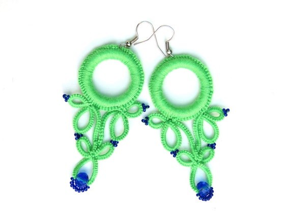 Handmade tatted earrings green with blue glass seed beads and blue glass crystal bead